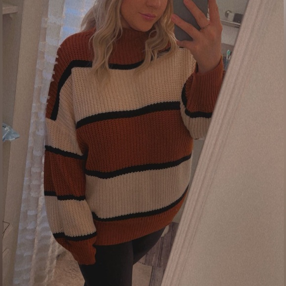 SHEIN Brown and White Striped Turtleneck Sweater - Picture 5 of 5